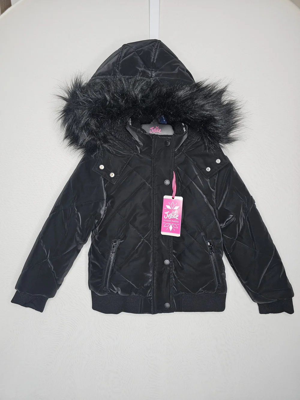 NWT Justice Girls Black Classic Puffer Jacket Faux Fur Hood Size XS (5/6)